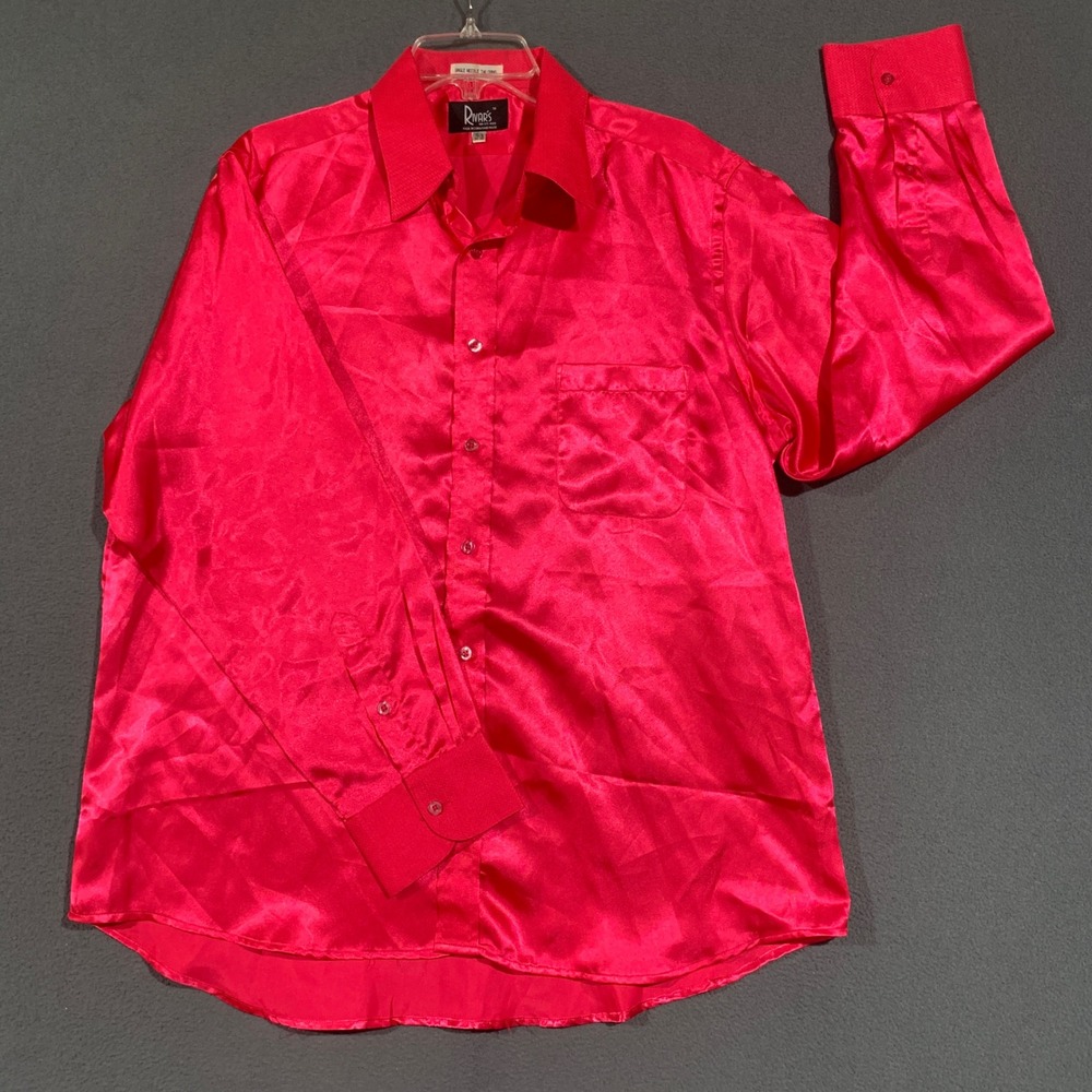 Rivar's Satin Button Up Shirt Mens 16.5 Hot Pink Shiny Disco Retro Prom Party